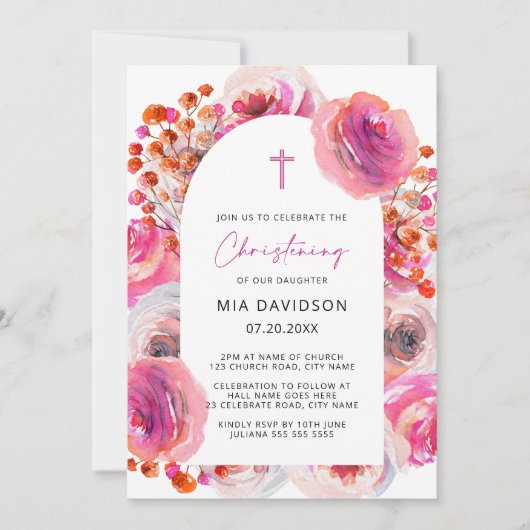 Heldere roze Waterverf Floral Arch Christening IV Kaart (Voorkant)
