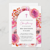 Heldere roze Waterverf Floral Arch Christening IV Kaart (Voorkant / Achterkant)