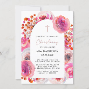 Heldere roze Waterverf Floral Arch Christening Kaart