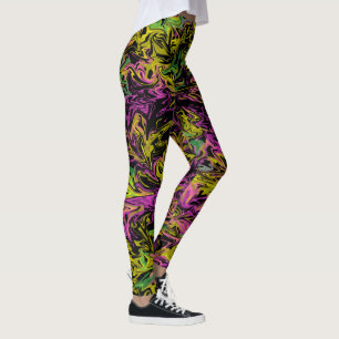 Heldere stalen roze groen en geel op zwart leggings