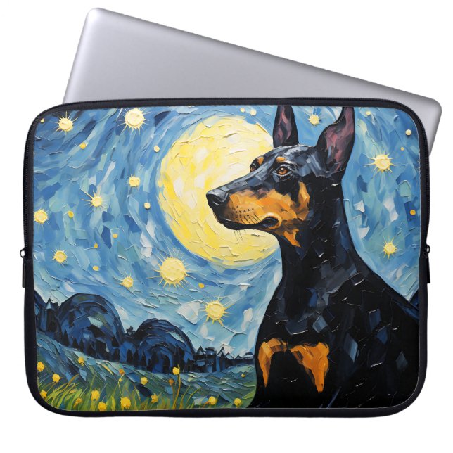 HELDERE STERRENNACHT MET DOBERMAN PINSCHER DOG LAPTOP SLEEVE (Voorkant)