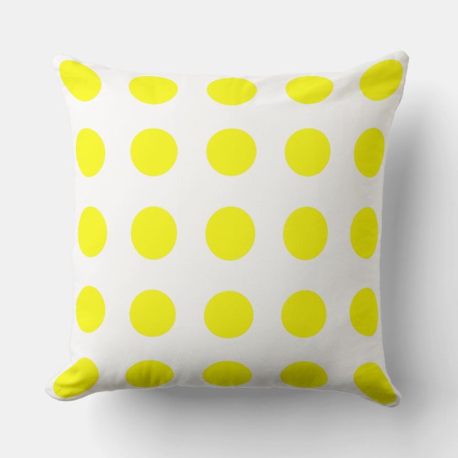 Heldere Sunshine Yellow Polka Dots op wit Kussen (Voorkant)