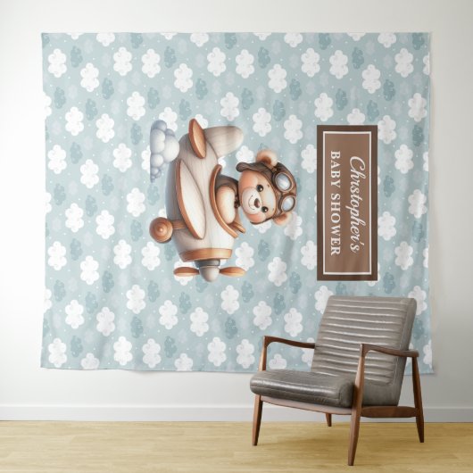 Heldere teddybeer piloot baby shower foto teken wandkleed (In Situ (horizontaal))