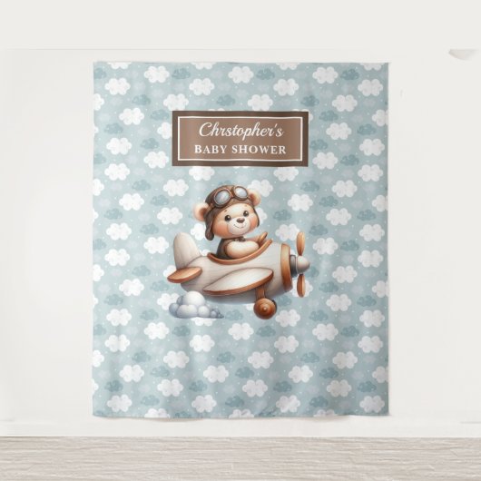 Heldere teddybeer piloot baby shower foto teken wandkleed (Voorkant)