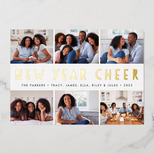 Heldere tinten | Nieuwjaarsfotocollage Folie Feestdagenkaart (Voorkant)