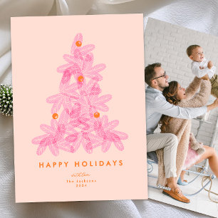 Heldere trendy moderne roze kerstboom 1 foto feestdagenkaart
