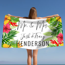 Heldere Tropische bloemen en bladeren Mr en Mrs. Strandlaken