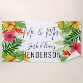 Heldere Tropische bloemen en bladeren Mr en Mrs. Strandlaken (Voorkant)