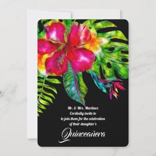 Heldere tropische bloemen hibiscus bladeren quince kaart (Achterkant)