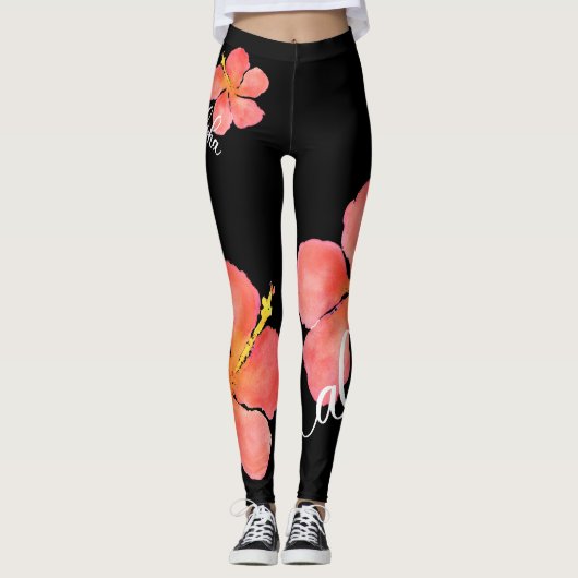 Heldere, tropische Floral Aloha Hibiscus Leggings (Voorkant)