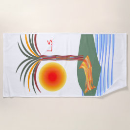 Heldere tropische palmboom, zon en golven strandlaken