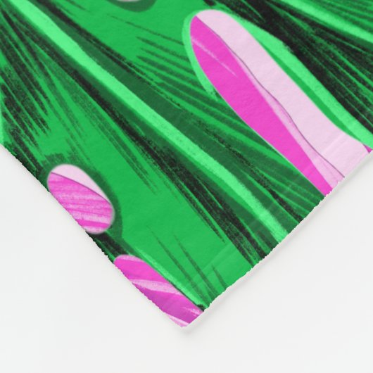 Heldere tropische roze en groene bladeren fleece deken (Hoek)