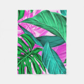 Heldere tropische roze en groene bladeren fleece deken (Voorkant)