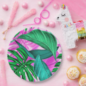Heldere tropische roze en groene bladeren papieren bordje (Feest)