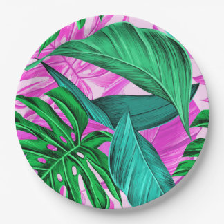 Heldere tropische roze en groene bladeren papieren bordje