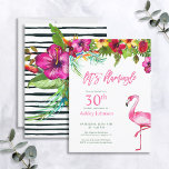 Heldere tropische roze laten Flamingo 30th Birthda Kaart<br><div class="desc">Plaats de toon voor een leuke, summiere verjaardagsviering met deze leuke tropische uitnodiging van het feest "Let's Flamingle"! Met een heldere, tropische waterverf florale druppel van kleurrijke hibiscus, flessenborstel, heldere vogel van het paradijs en palmblauw, gevolgd door "Let's Flamingle" in flamingo roze. De kaart is gepersonaliseerd in tekst die overeenkomt...</div>