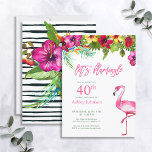 Heldere tropische roze laten Flamingo 40th Birthda Kaart<br><div class="desc">Plaats de toon voor een leuke, summiere verjaardagsviering met deze leuke tropische uitnodiging van het feest "Let's Flamingle"! Met een heldere, tropische waterverf florale druppel van kleurrijke hibiscus, flessenborstel, heldere vogel van het paradijs en palmblauw, gevolgd door "Let's Flamingle" in flamingo roze. De kaart is gepersonaliseerd in tekst die overeenkomt...</div>