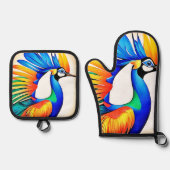 Heldere tropische vogel ovenwant & pannenlap set (Voorkant)