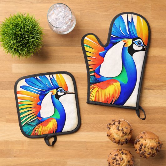 Heldere tropische vogel ovenwant & pannenlap set (Top down)
