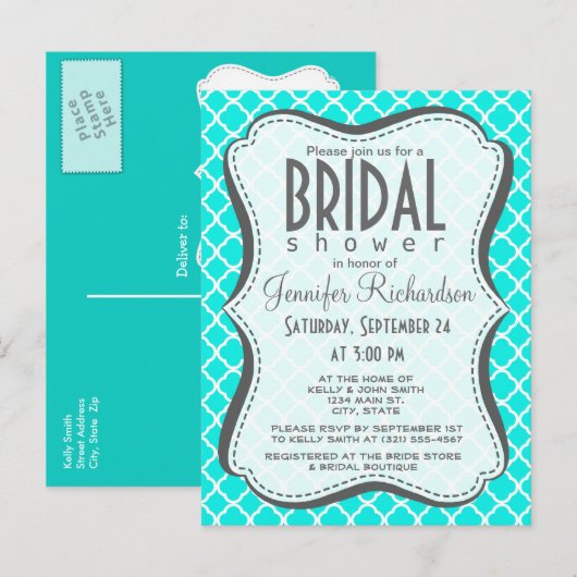 Heldere turquoise quatrefoil uitnodiging briefkaart (Voorkant / Achterkant)