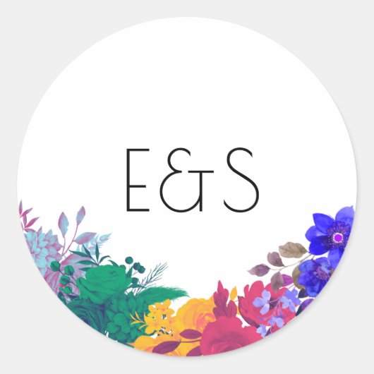 Heldere veelkleurige bloemenbruiloft ronde sticker (Voorkant)