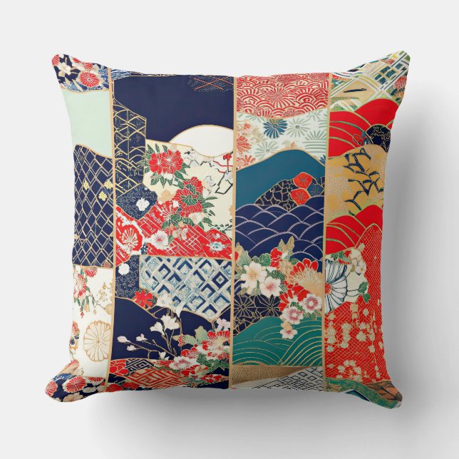 Heldere vintage Japanse kimono patchwork Kussen (Voorkant)