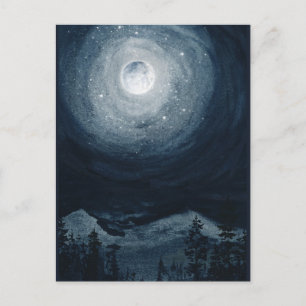 Heldere volle maan ster berg donkerblauwe nacht he briefkaart