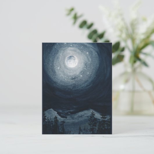 Heldere volle maan ster berg donkerblauwe nacht he briefkaart (Staand voorkant)
