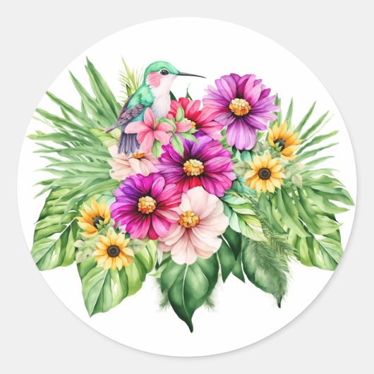 Heldere vrolijke zonnebloemen en tropische bloemen ronde sticker (Voorkant)