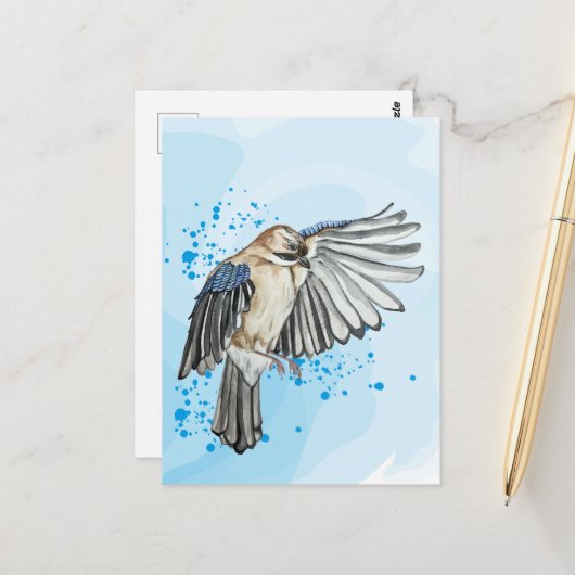 Heldere waterverf blauwe jay briefkaart (Voorkant / Achterkant in situ)