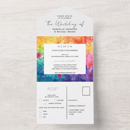 Heldere Waterverf Gradient Meadow Flowers Bruiloft All In One Uitnodiging (Binnen)