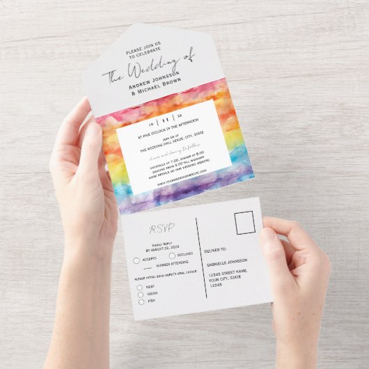 Heldere Waterverf Gradient Rainbow Gay Wedding All In One Uitnodiging (Afscheurbaar)