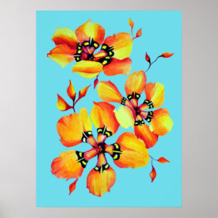Heldere Waterverf Oranje bloemen - Aqua Poster
