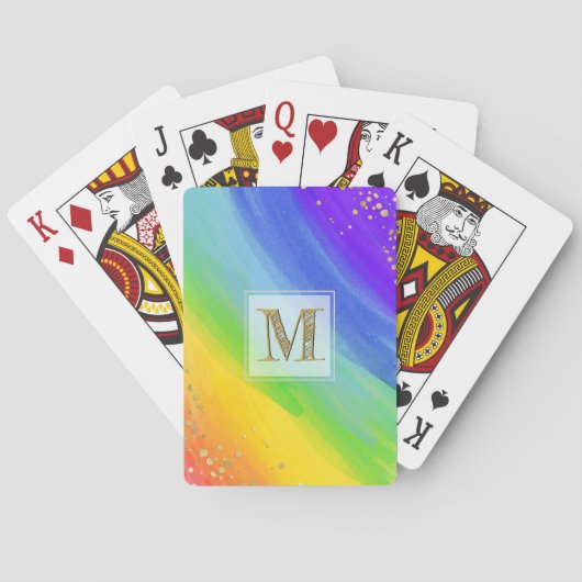 Heldere Waterverf Regenboog en Gouden Monogram Pokerkaarten (Achterkant)