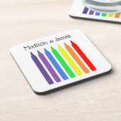 Heldere waxkrayons in regenboogkleuren, jouw naam bier onderzetter (Linkerzijde)