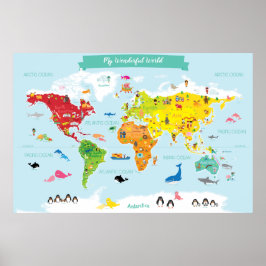 Heldere Wereldkaart voor kinderen met illustraties Poster