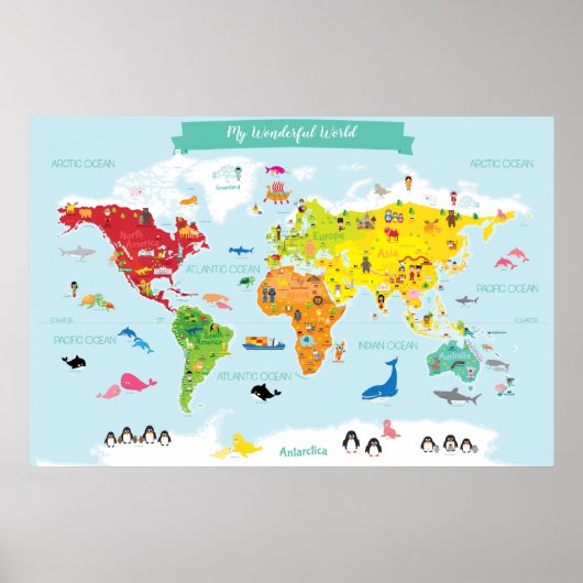 Heldere Wereldkaart voor kinderen met illustraties Poster (Voorkant)