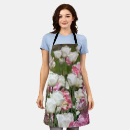 Heldere witte en roze tulpen op een zonnige dag schort
