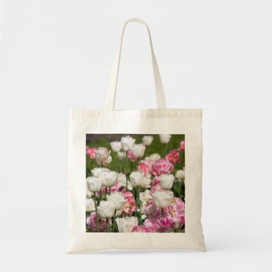 Heldere witte en roze tulpen op een zonnige dag tote bag (Voorkant)