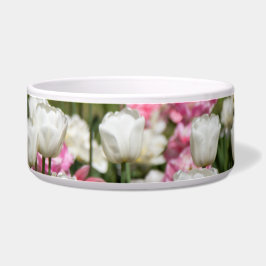 Heldere witte en roze tulpen op een zonnige dag voerbakje