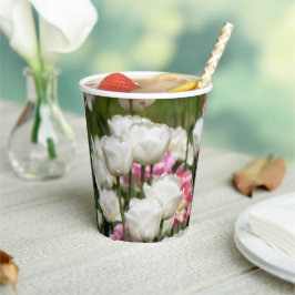 Heldere witte en roze tulpen op een zonnige papieren bekers