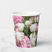 Heldere witte en roze tulpen op een zonnige papieren bekers (Achterkant)