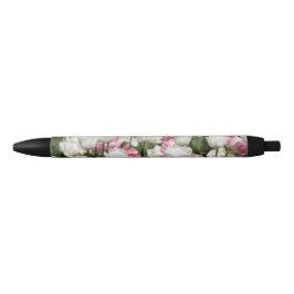 Heldere witte en roze tulpen op een zonnige zwarte inkt pen