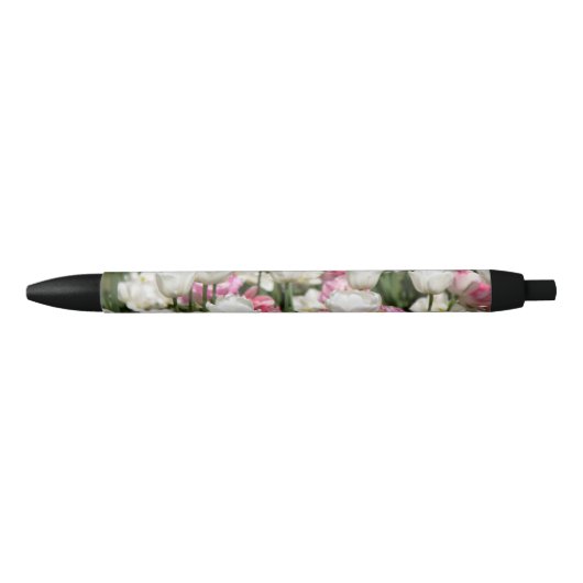 Heldere witte en roze tulpen op een zonnige zwarte inkt pen (Voorkant)