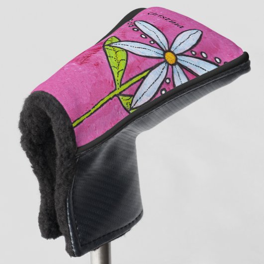 Heldere witte feestbloem roze golfheadcover (3/4 voorkant)