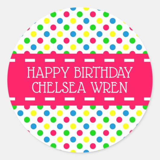 Heldere zomer polka stippen op wit gepersonaliseer ronde sticker (Voorkant)