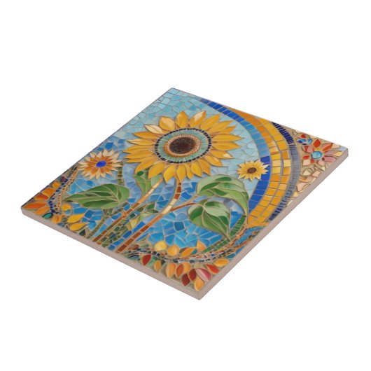 Heldere Zomer Zonnebloem Faux Mozaïek Sky Blue Tegeltje (Zijkant)