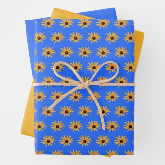 Heldere zon gele bloemen op Royal Blue Inpakpapier Vel (In situ)
