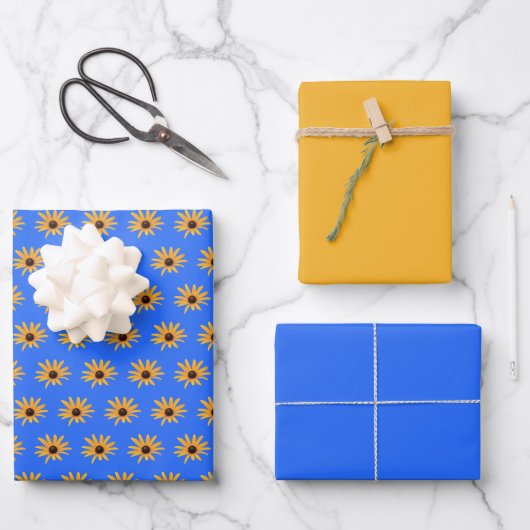 Heldere zon gele bloemen op Royal Blue Inpakpapier Vel (Voorkant)