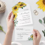 Heldere zonnebloem Greenery Eucalyptus Wedding All In One Uitnodiging<br><div class="desc">Viel je speciale dag in met de Bright Sunflower Greenery Eucalyptus Wedding All in One Invitation met afneembare RSVP-kaart. Deze uitnodiging is voorzien van een verbluffende zonnebloem en een groenerige vormgeving, perfect voor een plattelands- of buitenhuwelijk. De afneembare kaart RSVP maakt het voor gasten gemakkelijk om te antwoorden, en het...</div>